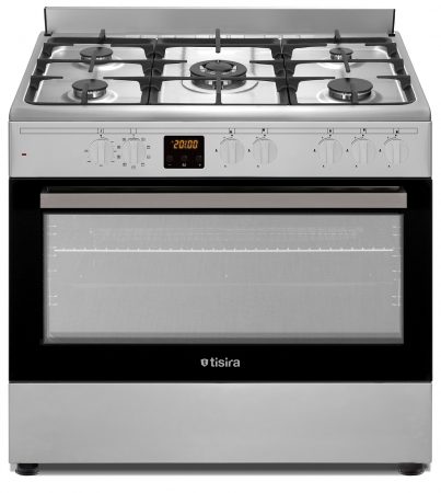 TISIRA 900MM DUAL FUEL UPRIGHT COOKER 10 FUNCTIONS, 5 BURNERS INCL 1 WOK, CAST IRON TRIVETS, TRIPLE GLAZED DOOR, EUROPEAN MADE 121L