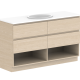 GLACIER SHELF 1500MM DOUBLE BOWL FLOOR MOUNT VANITY – LITE INTERIOR, SAKAL TOP, ROJO WALNUT CABIENT, FLUME BASIN X2, STIRLING BRUSHED NICKEL HANDLES, LH BASIN TH @ 10’O CLOCK, RH BASIN TH @ 2 O’CLOCK, CHROME WASTE  GLLFSW1500WKDDU