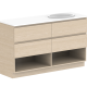 GLACIER SHELF 1500MM DOUBLE BOWL FLOOR MOUNT VANITY – LITE INTERIOR, SAKAL TOP, ROJO WALNUT CABIENT, FLUME BASIN X2, STIRLING BRUSHED NICKEL HANDLES, LH BASIN TH @ 10’O CLOCK, RH BASIN TH @ 2 O’CLOCK, CHROME WASTE  GLLFSW1500WKDDU