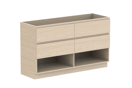 GLACIER SHELF 1500MM DOUBLE BOWL FLOOR MOUNT VANITY – LITE INTERIOR, SAKAL TOP, ROJO WALNUT CABIENT, FLUME BASIN X2, STIRLING BRUSHED NICKEL HANDLES, LH BASIN TH @ 10’O CLOCK, RH BASIN TH @ 2 O’CLOCK, CHROME WASTE  GLLFSW1500WKDDU