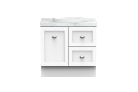 MADDISON 900MM FLOOR STANDING VANITY – MATTE WHITE CABINET, WHITE WASH TOP, SINCERITY GLOSS WHITE UNDERMOUNT, BN SEASHELL HANDLE, GLOSS WHITE POP UP WASTE MAD0900WK