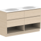 GLACIER SHELF 1500MM DOUBLE BOWL FLOOR MOUNT VANITY – LITE INTERIOR, SAKAL TOP, ROJO WALNUT CABIENT, FLUME BASIN X2, STIRLING BRUSHED NICKEL HANDLES, LH BASIN TH @ 10’O CLOCK, RH BASIN TH @ 2 O’CLOCK, CHROME WASTE  GLLFSW1500WKDDU