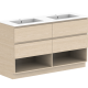 GLACIER SHELF 1500MM DOUBLE BOWL FLOOR MOUNT VANITY – LITE INTERIOR, SAKAL TOP, ROJO WALNUT CABIENT, FLUME BASIN X2, STIRLING BRUSHED NICKEL HANDLES, LH BASIN TH @ 10’O CLOCK, RH BASIN TH @ 2 O’CLOCK, CHROME WASTE  GLLFSW1500WKDDU